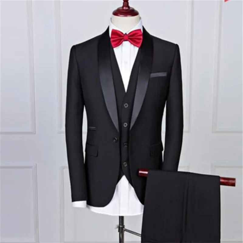 Bello One Button nero dello smoking dello sposo scialle bavero uomini festa di nozze Groomsmen 3 pezzi abiti (giacca + pantaloni + Vest + Tie) K104