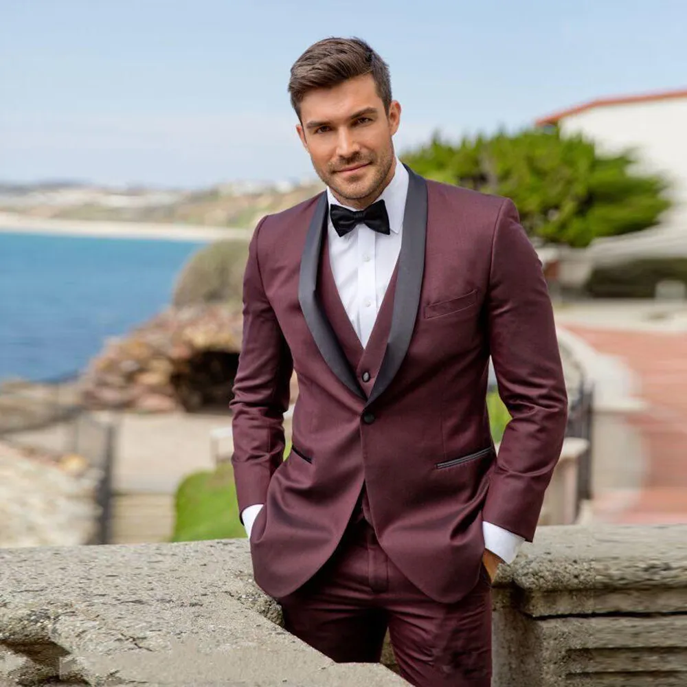 Brand New Burgundy Groom Tuxedos Black Shawl Lapel Groomsmen Wedding Dress Excellent Man Jacket Blazer 3 Piece Suit(Jacket+Pants+Vest+Tie) 2