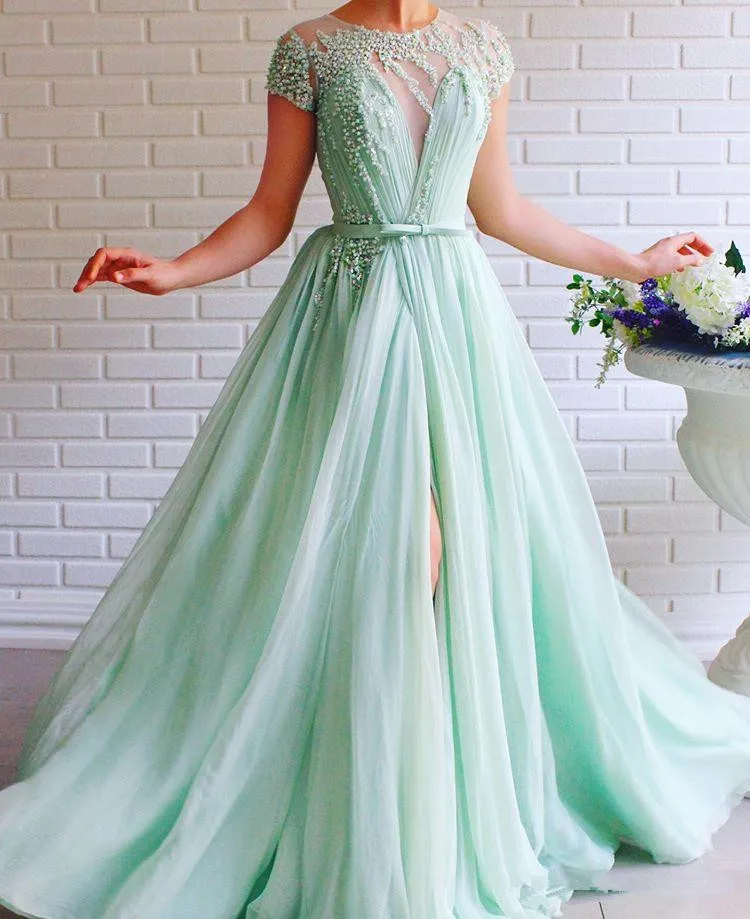 Mint Zielony Szyfon Sexy Linia Suknie Wieczorowe 2020 Split Frezowanie Formalne Suknia Party Dress Vestidos de Gala Robe de Soiree Abendkleider