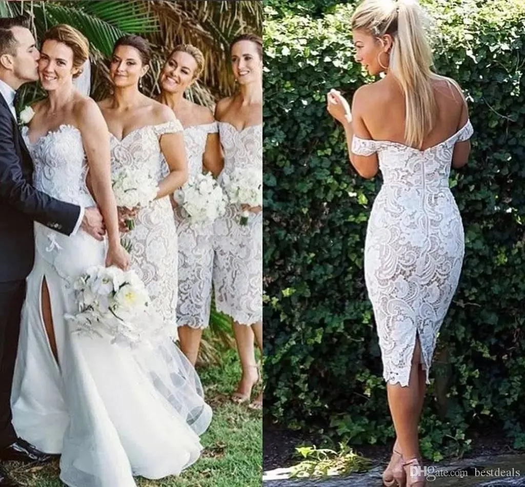 Sexy Full Lace 2019 Cheap Bridesmaid Dresses Off Shoulder Satin Applique Knee Length Sheath Prom Dress Wedding Maid Of Honor Dress