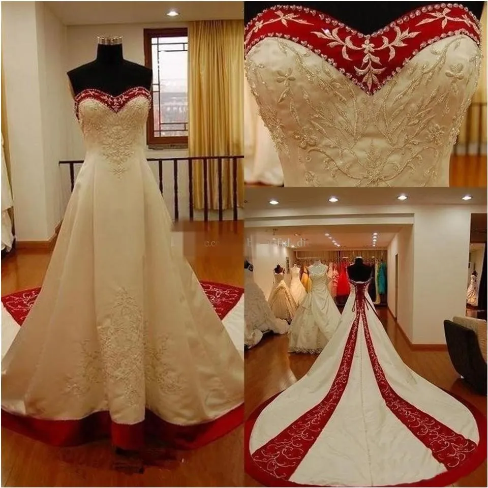 2020 Vintage Suknie Ślubne Haft Zroszony Kości Ivory i Dark Red Satin Cathedral Train Sweetheart Neckline Suknia ślubna Vestido de Novia