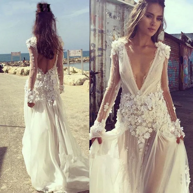 PUMGING V NECK SOMMER BOHO WHEADS DRESS L￥ng ￤rm 3D Blommor Backless Bohemian Bridal Glowns Vintage Lace Beach Wedding Dresses