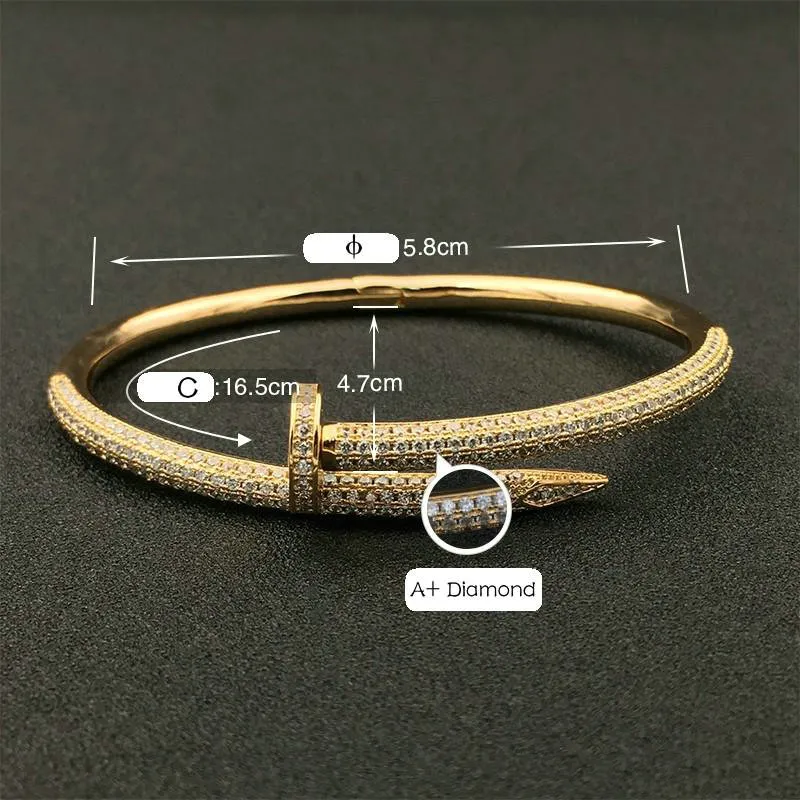 Modne mankiety Bracelety Kobiety Man 18K Gold PlATED Miłość Pełna diamentowa bransoletka paznokci biżuteria na prezent1658493