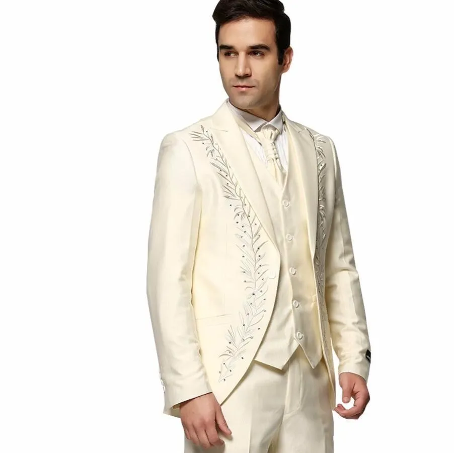 Embroidery Groom Tuxedos Ivory Groomsmen Mens Wedding... From 86,98 €
