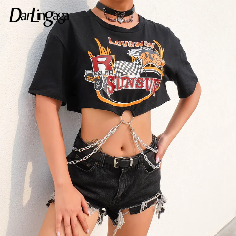 Darlingga Streetwear Punk Black Tshirt Donne Donne Sciolte Stampa Catene Crop Top Tee Manica Corta Vestiti 2019 T-shirt estive ritagliate