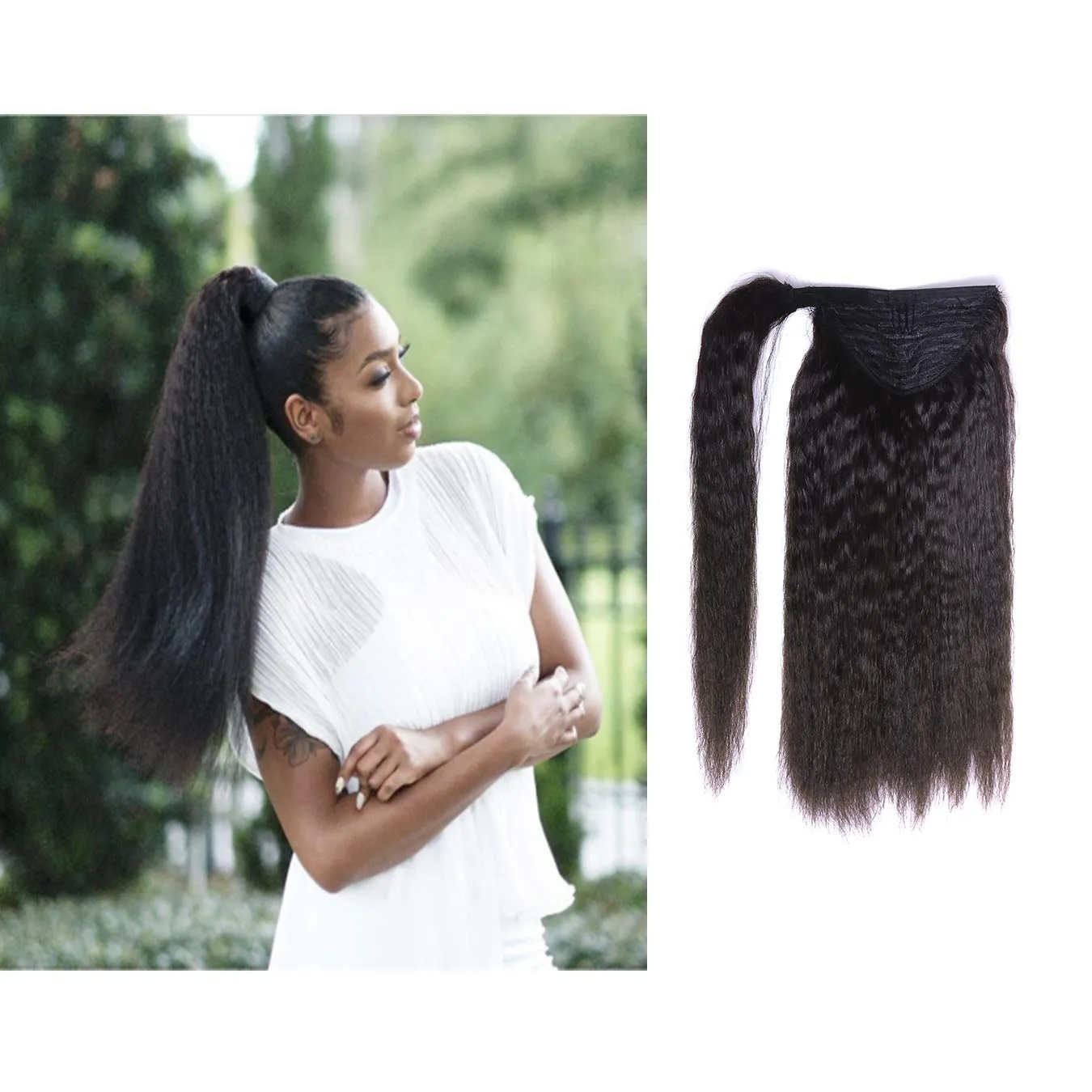 Kinky Straight Human Hair Ponytail Brazilian Virgin Ponytail Hair Extensions With Clips In Coarse Yaki Ponytail Wrap Drawstring For Women