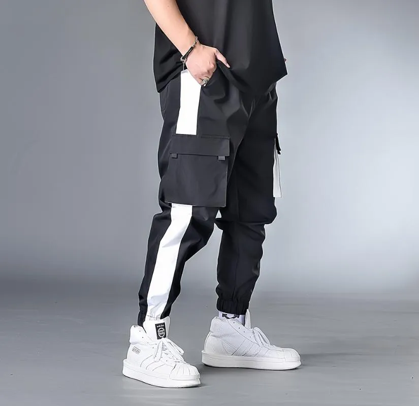 Homens hip hop cinto cargo calças homem macacão macacão japonês streetwear corredores design harem