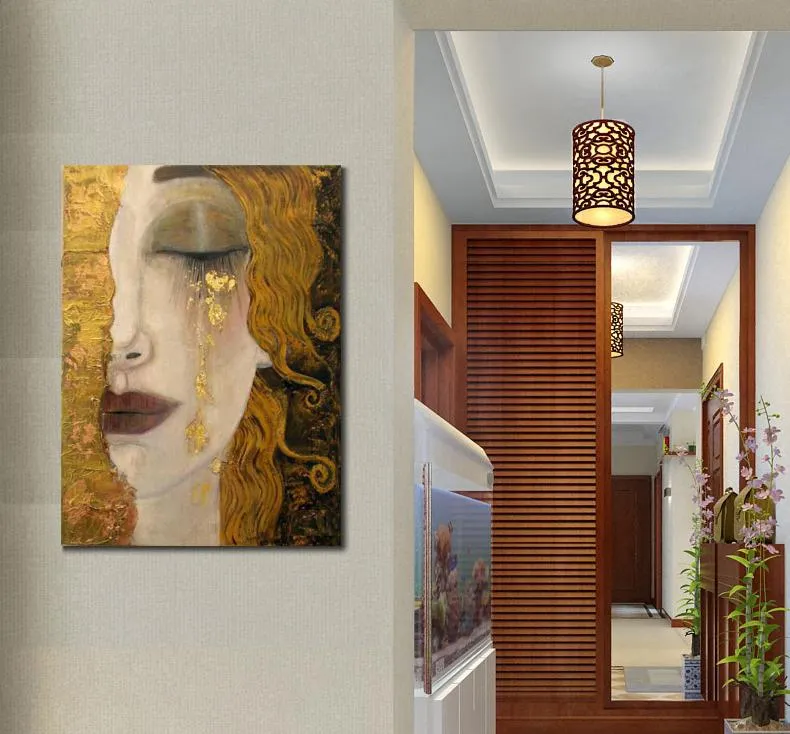 Wall Art Golden Tears Oil Paintings Reproduction Gustav Klimt Woman in Gold Beautiful Artwork for Living Room Bedroom Decor Handmade High Quality Large