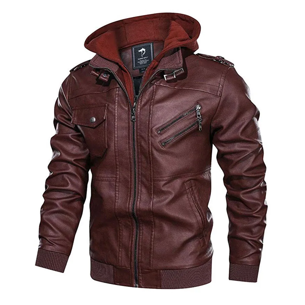 Slim Fit Faux Leather Hoodie Men Motorcycle Jacket With Removable