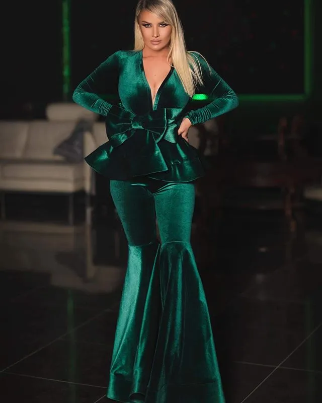 Dark Green Velvet Sheath Dress Set V Neck Ruffle Long Sleeve Plus Size  Evening Gowns Formal Party Prom Dresses From Greatvip, $98.38 | DHgate.Com