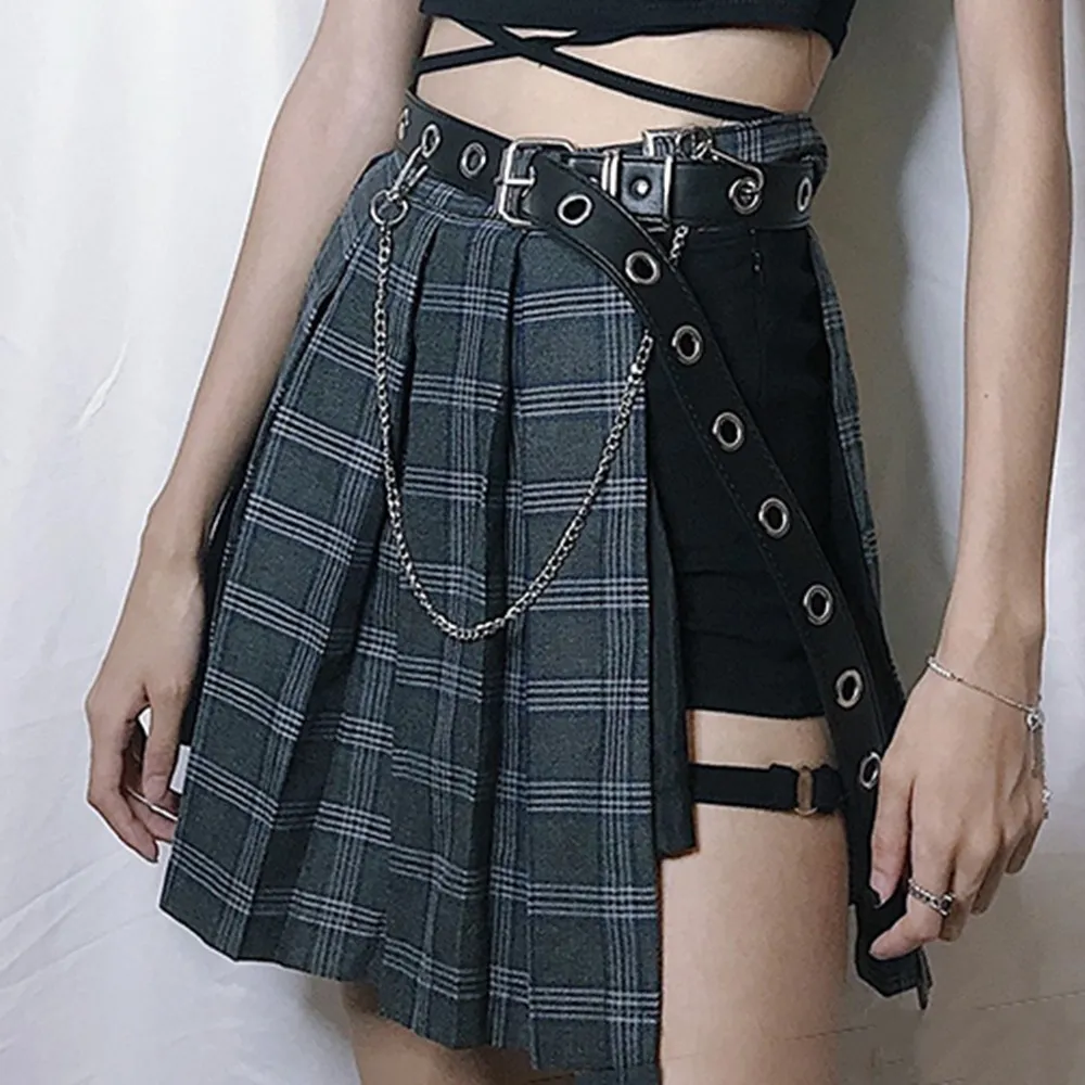 Gothic Plaid A-Line mini kjolar kvinnor 2019 Ny heta asymmetriska lapptäckbandage punk klubb sexig cool mode svart kjol y19042602