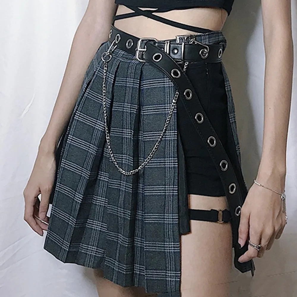 Gothic Plaid A-lijn Mini Rokken Vrouwen 2019 Nieuwe Hot Asymmetrische Patchwork Bandage Punk Club Sexy Cool Fashion Zwarte Korte Rok Y19042602