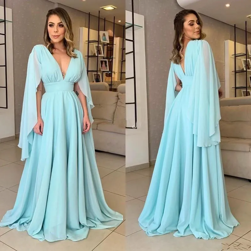 Arabia Saudita Dubai Abiti da sera convenzionali Manica lunga mantello in chiffon 2021 Una linea Abiti da ballo per feste Abito sexy con scollo a V Speciale Ocn AL6371 L6371