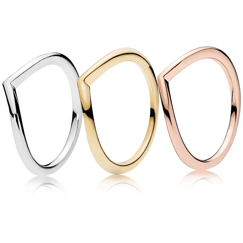 Polished Wishbone Ring 18K Yellow gold plated Rings Original Box for Pandora 925 Silver Rose gold Women Wedding Ring sets