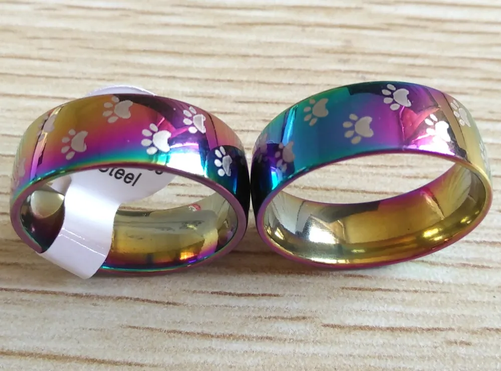 Moda- da pata do arco-íris Cat Dog Imprimir Anéis 8mm Aço inoxidável 316L pegadas Anéis para homens e mulheres animal Pet Jóias Presente do amante