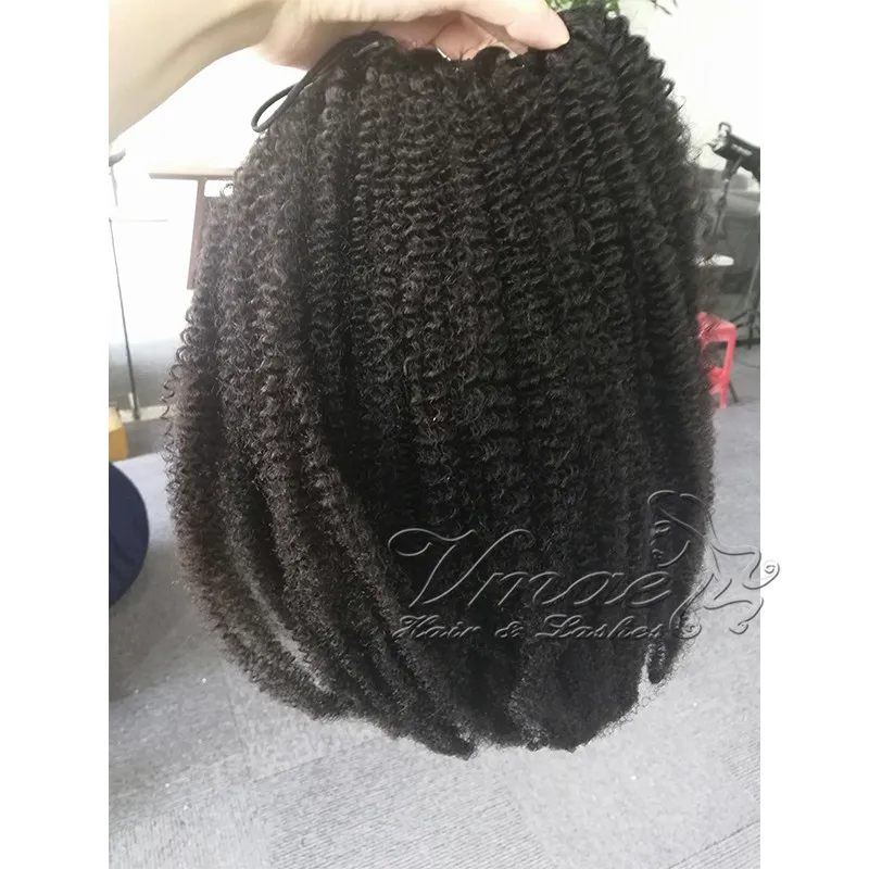 Mongolian Natural Black Afro Curly 12 to 26 Inch 100g 120g Human Hair Weave Clips In Elastic Band Ties Drawstring Ponytail