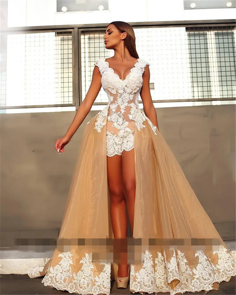 2020 champagne détachable train organza mini robes de bal haut bas blanc appliques profonde col en V dos nu robes de soirée formelle robe de soirée