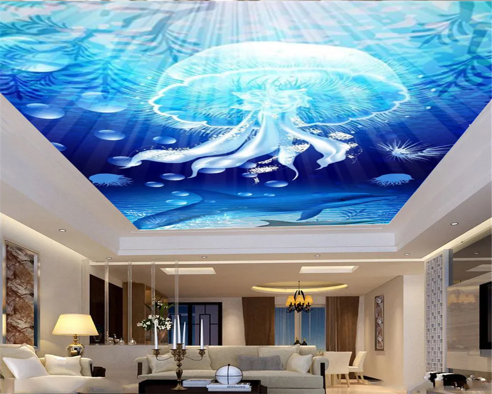 Modern Heminredning Bakgrund Blå Undervattens Jellyfish och Dolphin Living Room Bedroom Zenith Wallpaper