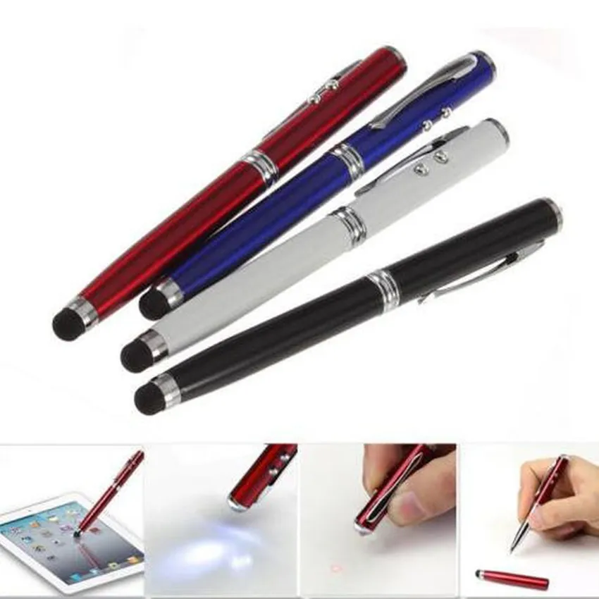 1000pcs/lot Wholesale Durable 4 in 1 Laser Pointer LED Torch Touch Screen Stylus Portable Ball Pen for Mobilephone