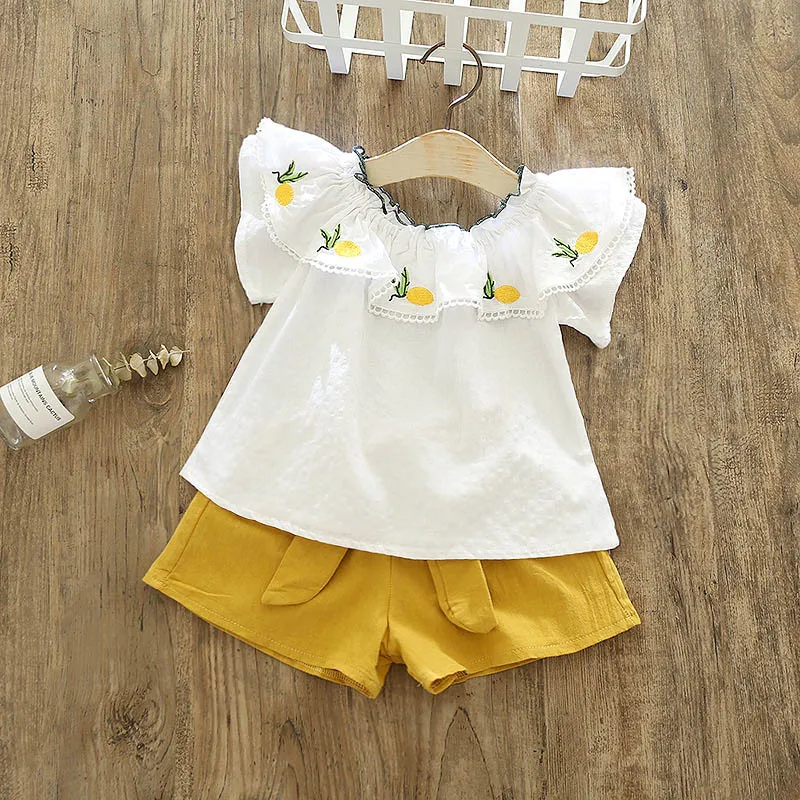 어린이 의류 우아한 주름 파인애플 자수 흰색 흰 셔츠 짧은 아기 소녀 멋진 여름 옷 무료 배송