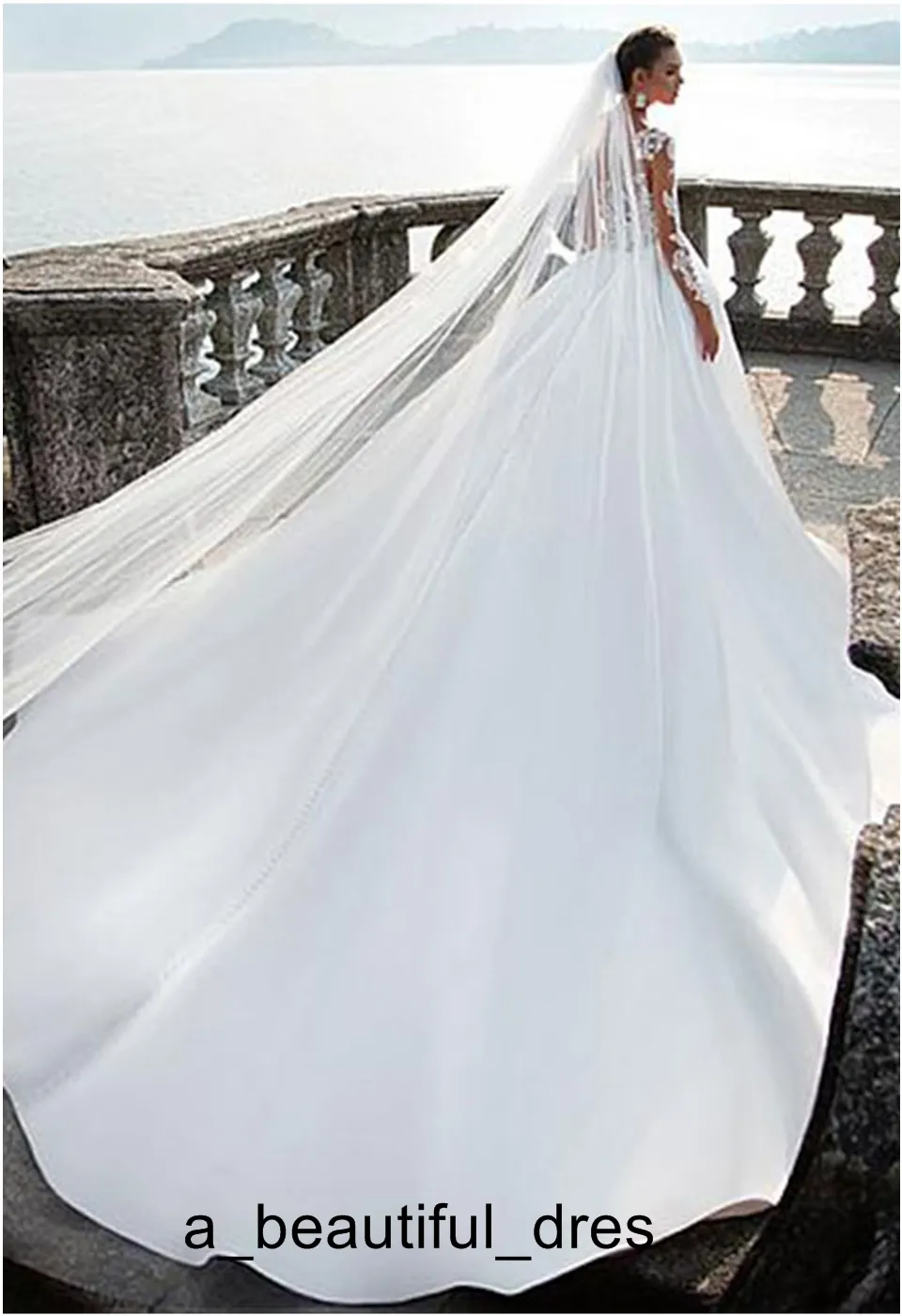 Satin V-Neck A-Line Bröllopsklänningar med Lace Appliques Långärmade Bröllopsklänning Bröllopsklänningar Vestido Longo de Festa Brudklänningar