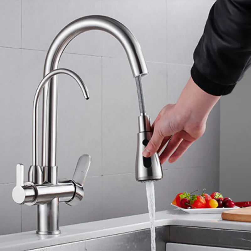 Brass Kitchen Faucet Pull Out Mixer Swivel Drinking Water 3 Way Water Filter Purifier Kitchen Faucets For Sinks Taps