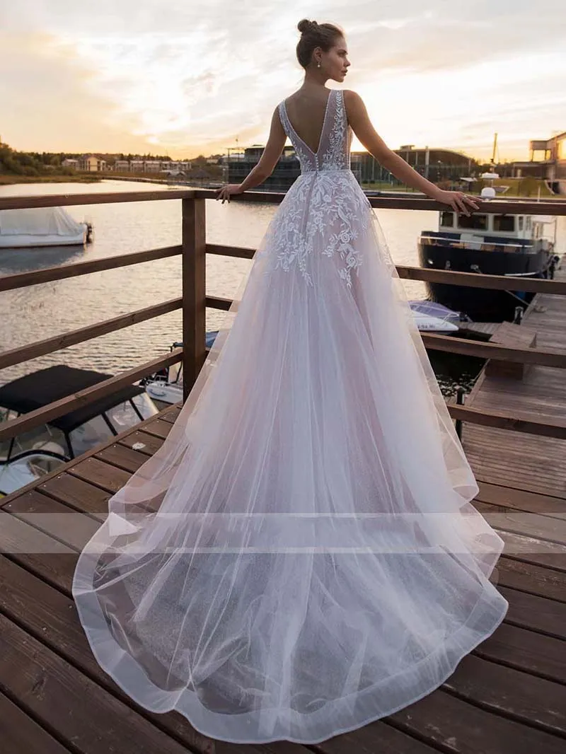 Blush Pink Beach Wedding Dresses V Neck Lace Appliqued Boho Tulle