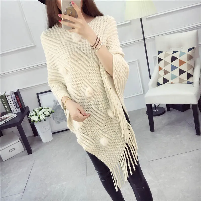 Jesień Pluszowa Piłka Tassel Długa Dzianina Solid Loose Sweter V-Neck Knit Jumper Poncho Wrap Cloak Cape Pullover Ciepły Płaszcz Batwing