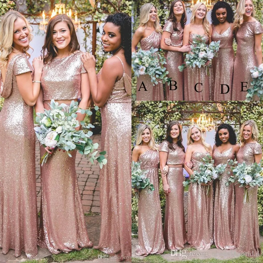 Goedkope bling sparkly bruidsmeisje jurken rose gouden pailletten goedkope zeemeermin twee stukken backless country strand feest jurken bruiloft gasten jurk