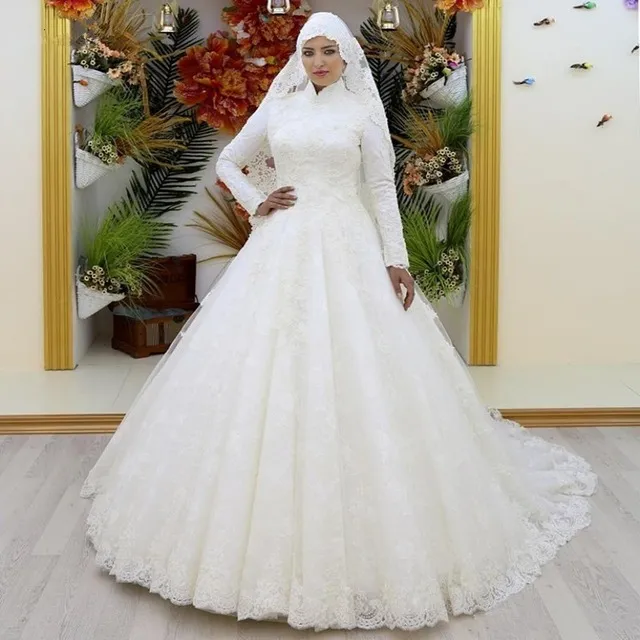 Graziosi abiti da sposa musulmani in pizzo collo alto una linea maniche lunghe abiti da sposa taglie forti robe de mari￩e