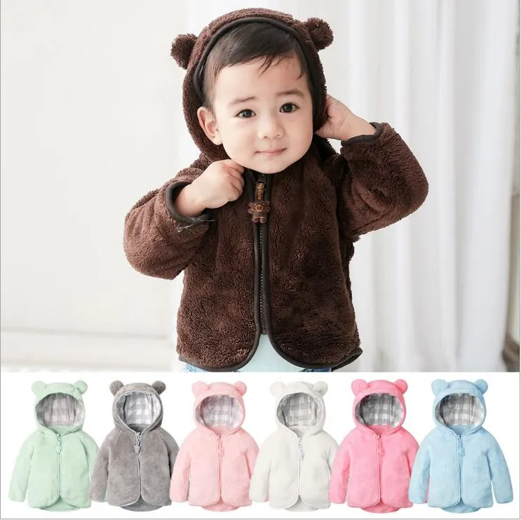 Kids Designer Roupas Inverno Casaco de Veludo Menino Dos Desenhos Animados Urso Outwear Meninas Zíper Jaqueta de Fleece Tops Bebê Trench Casaco Com capuz D7125