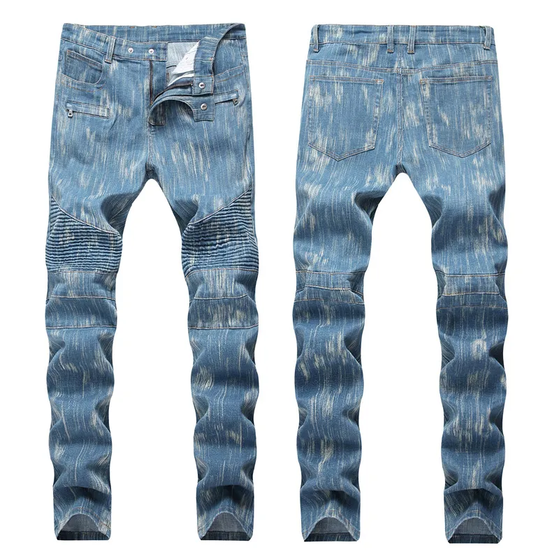 Mäns nödställda rippade magra jeans mode mens jeans smala motorcykel moto cyklist mens denim byxor hip hop män jeans 1258