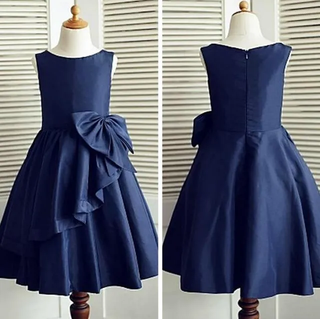 Dark Navy A-line Knee-length Taffeta Sleeveless Flower Girl Dress For Weddings Jewel Neck Princess Girls Christmas First Communion Dresse