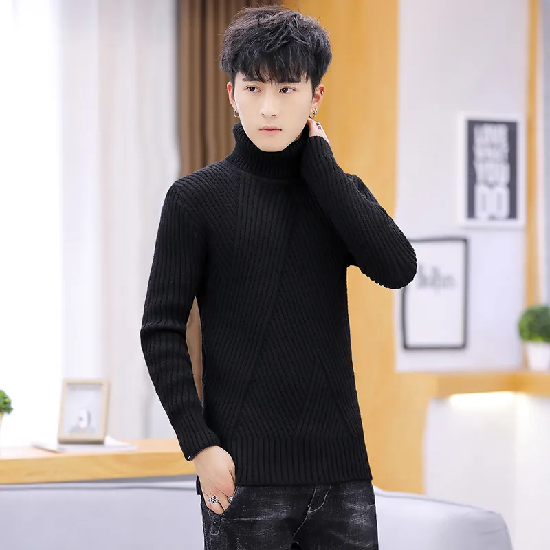 Black Turtleneck Sweaters Mens Winter Warm Coarse Wool Pullovers Long  Sleeve Solid Color Knitted Men Turtle Neck Slim Fit Casual