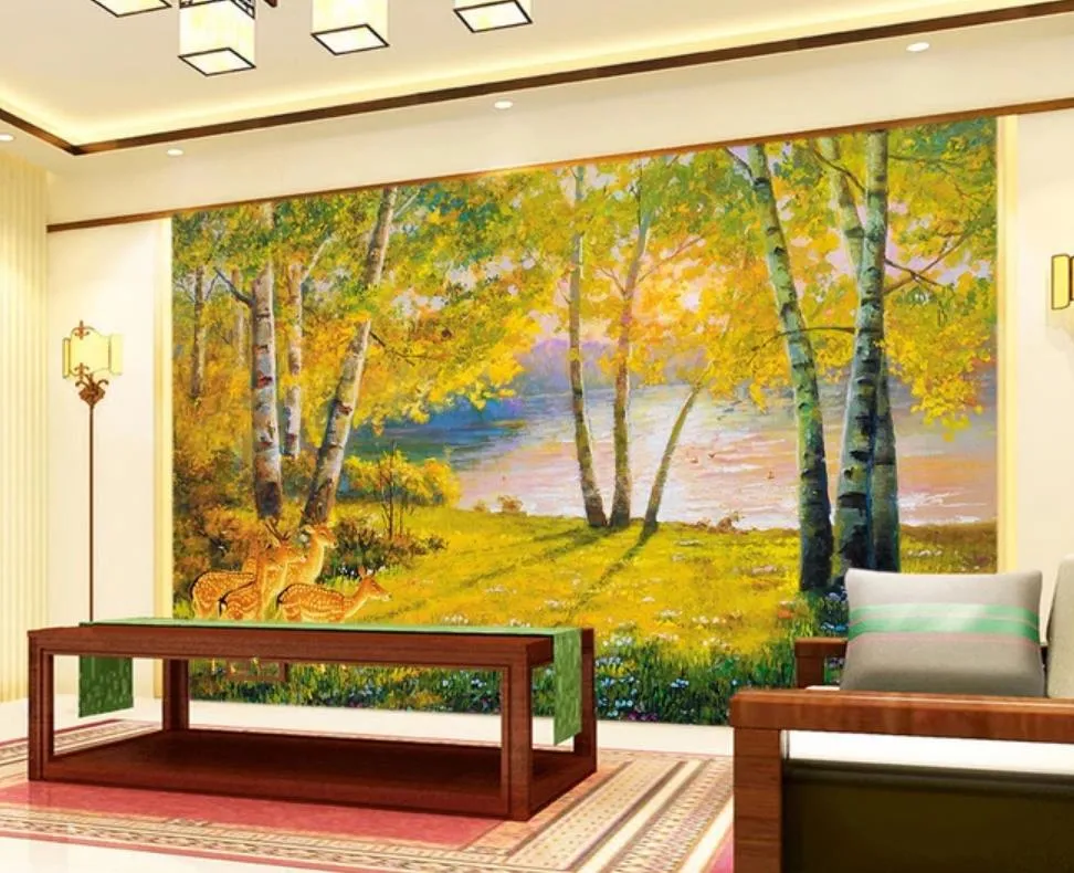 3d tapet European Style Oil Painting Forest Bakgrundsbilder Lugn Lake Wallapers Vacker bakgrundsvägg
