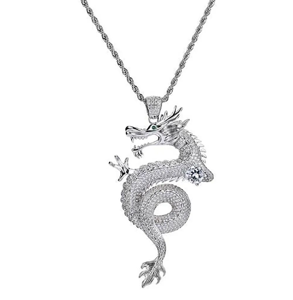 Mens Iced Out Silver Plated Chinese Zodiac Dragon Pendant Koppar Hängsmycke Halsband Silver Dragon Hänge 24inch Rope Chain