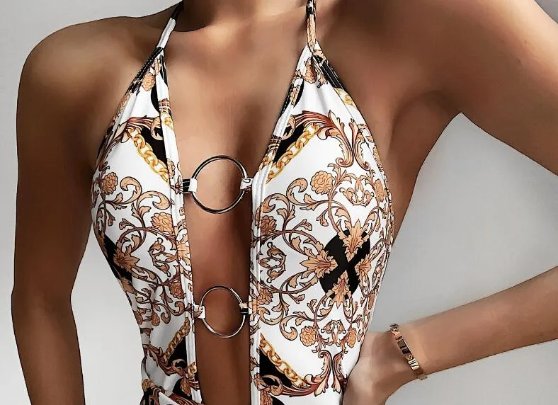Frauen einteiliger Badeanzug Afrika Druck Badeanzug Gürtel Halfter Badeanzug Metall Ring Bademode Monokini Bodysuit Sexy Badeanzug