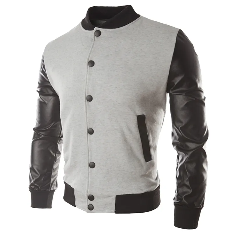 2018 mens läder patchwork baseball jacka casual pu bomber jackor single-breasted stående krage coat ytterkläder streetwear