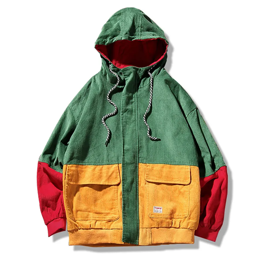 Hooded Color Block Corduroy Jacket Mens Oversize Bomber Punk Rave Mens Jackor och Coats Reggae Patchwork Hip Hop Streetwear 5J5