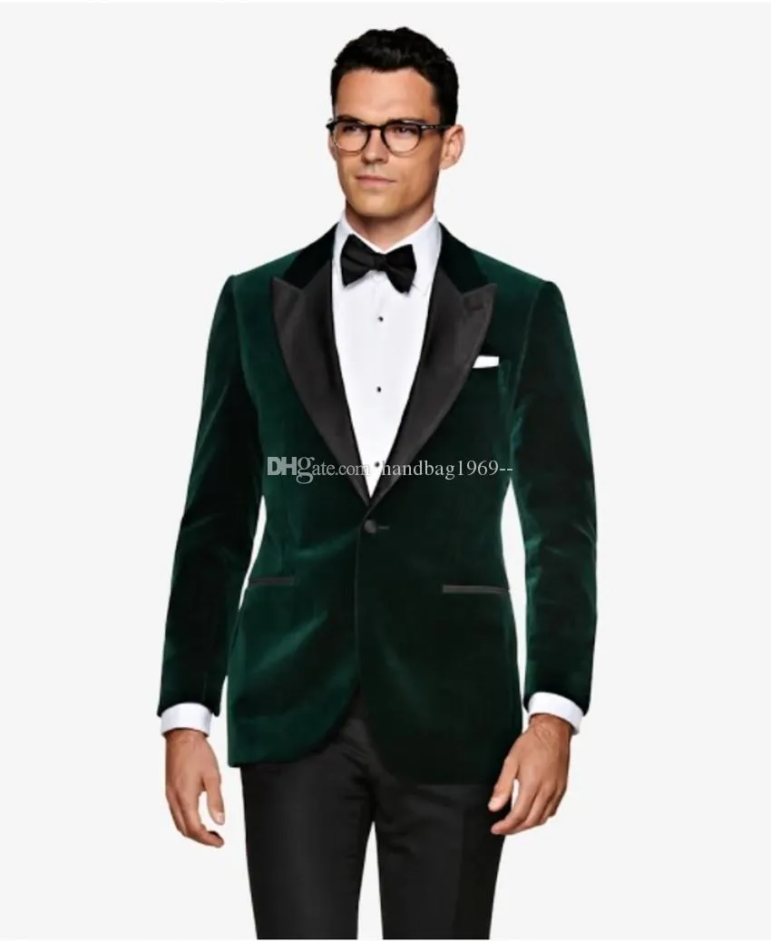 High Quality One Button Dark Green Velvet Groom Tuxedos Peak Lapel Groomsmen Mens Suits Wedding/Prom/Dinner Blazer (Jacket+Pants+Tie) K386