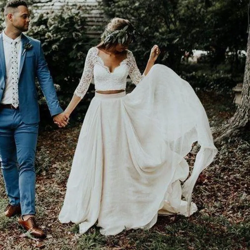 DHgate Two Piece Lace Appliques Chiffon Illusion Plus Size Wedding Dress Wedding Party Events