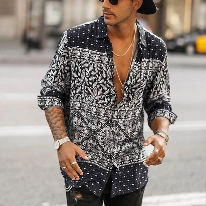 Heren Shirt Etnische Stijl Gedrukt Shirt Mannen Revers Kraag Vintage Lange Mouw Blouse High Street Knop Heren Casual Shirts Aziatische Maat