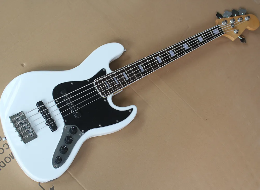 Factory Wholesale 5 Strings White Electric Bass Guitar with Active Circuit,Black Pickguard,Rosewood Fingerboard,Chrome Hardware