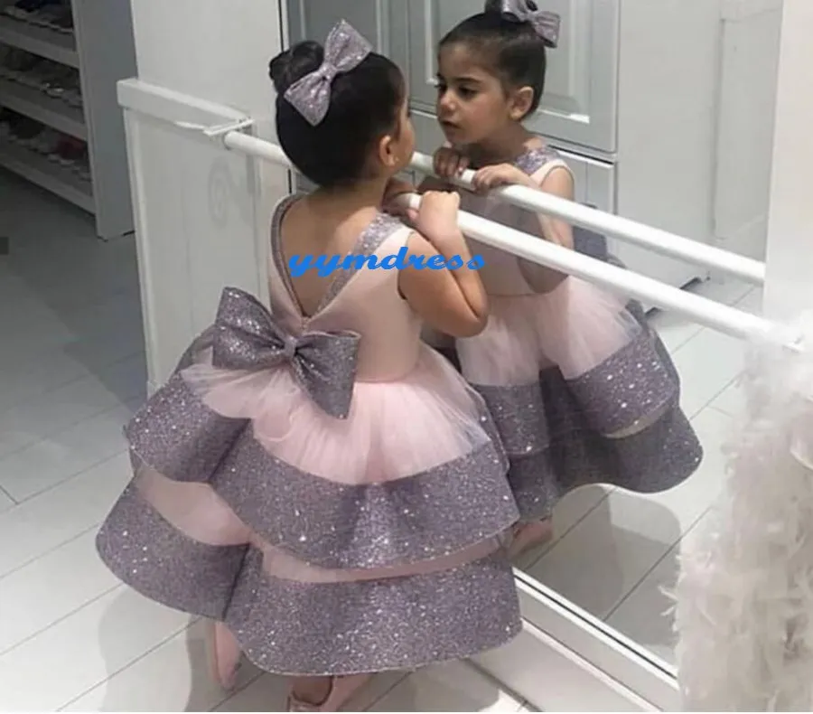 Sparkling Flower Girl Robes Dentelle Big Bow Toddler Tulle Vintage Enfant Pageant Robes Belle Princesse Pays Robes De Mariée Taille 7 8 9