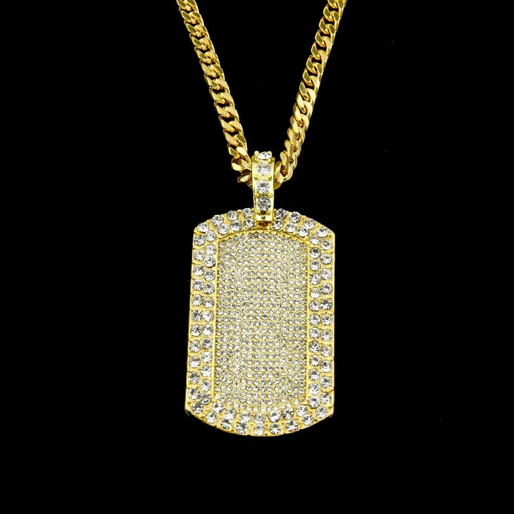 New Fashon Gold & Silver Bling Dog Tag Army Card Necklace Chain Full Iced Diamond Hip Hop Rapper Cuban Chains Jewelry Gift for Men and Women