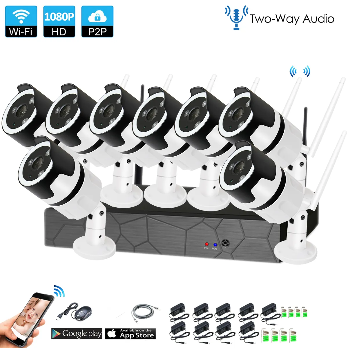 8CH Dwukierunkowy dźwięk Talk HD Bezprzewodowy zestaw NVR P2P 1080P IR Night Vision Security 2.0MP Audio IP Kamera WIFI CCTV System