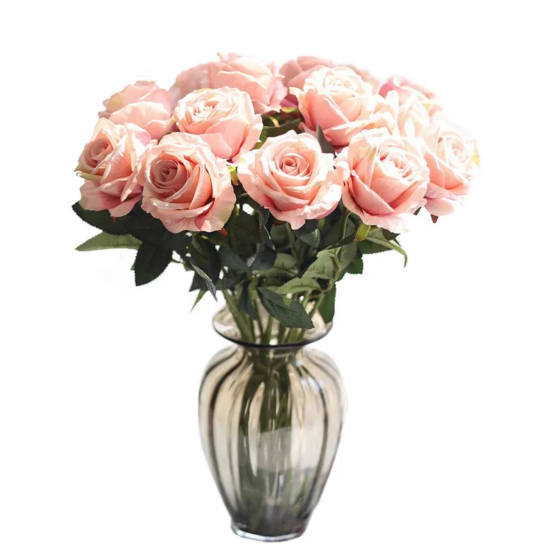 Flanel Rose Flower 10 sztuk / partia Dekoracje Ślubne Prawdziwe Dotykowe Tkaniny Róża Kwiat Głowy Plastikowy Stem Home Office Shop Silk Dekoracyjna Rose