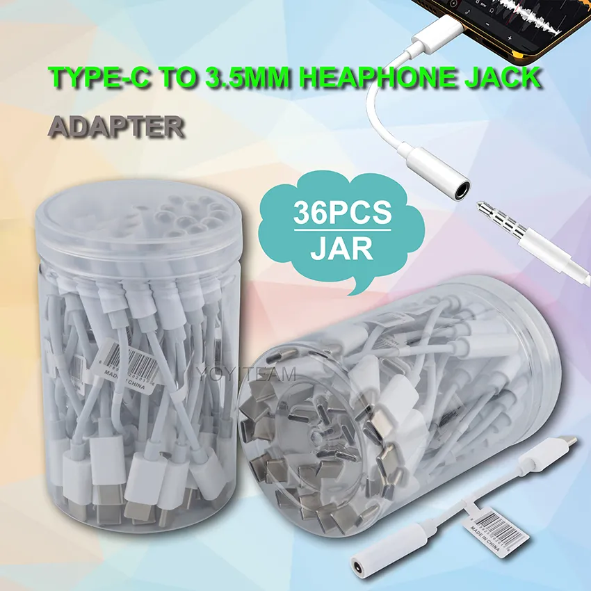 L'adaptateur de prise casque de type c à 3,5 mm prend en charge la musique et les appels vocaux téléphoniques avec un bocal en plastique upc câble auxiliaire de 3,5 mm adaptateur de transfert femelle