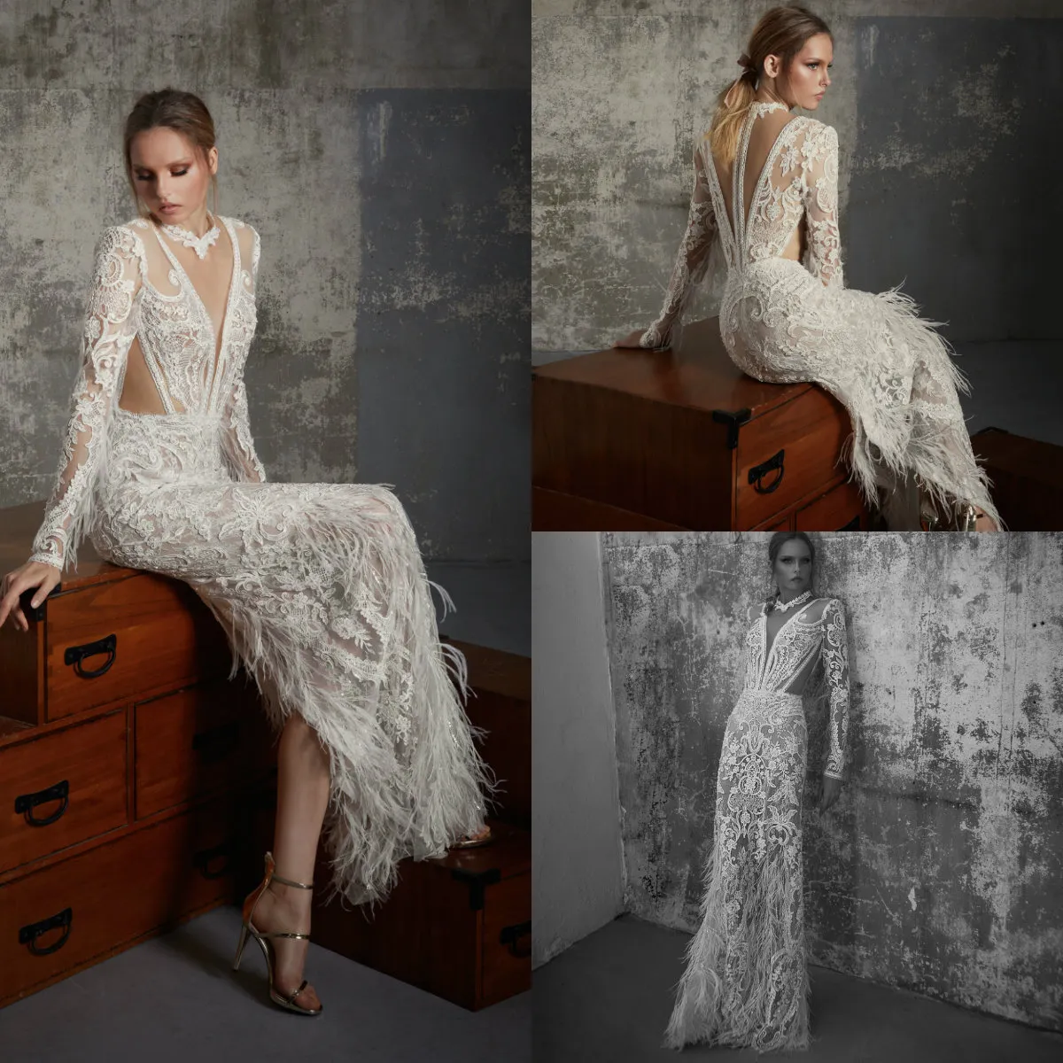 Lior Charchy Mermaid Wedding Dresses Jewel Neck Back Split Lace Appliques Feather Luxury Bridal Gowns Long Sleeve Beach Wedding Dr310F