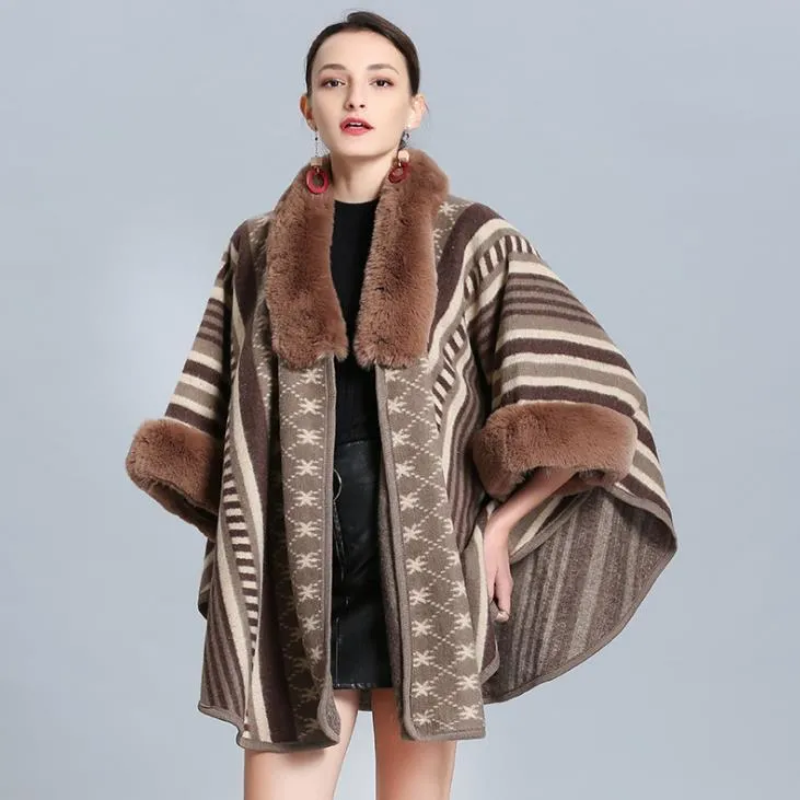 Ny Höst Vinter Kvinnor Stripe Loose Poncho Knitwear Coat Faux Fur V Collar Cardigan Sjal Cape Cloak Outwear Coat C4058